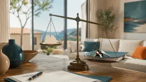 Bilancia tra un cartellino vuoto e le chiavi di casa con il dossier della vendita immobiliare